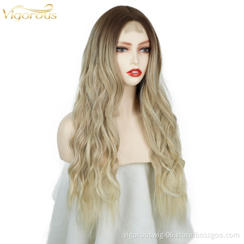 Vigorous Cheap Price Long Curly Wavy Ombre Blonde Wig Synthetic Body Wave Hair Heat Resistant Fiber Wigs For Black White Women